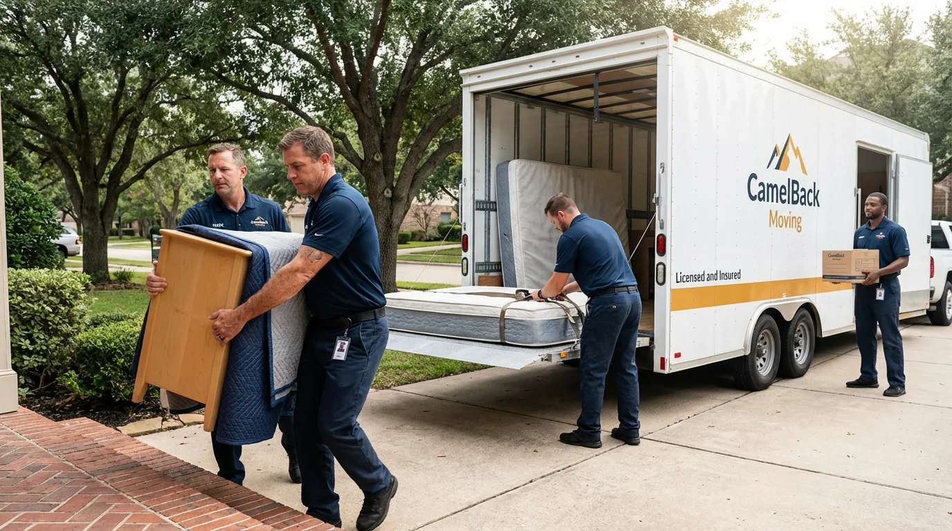 Crew loading residential truck for cross-state move from Bay, AR