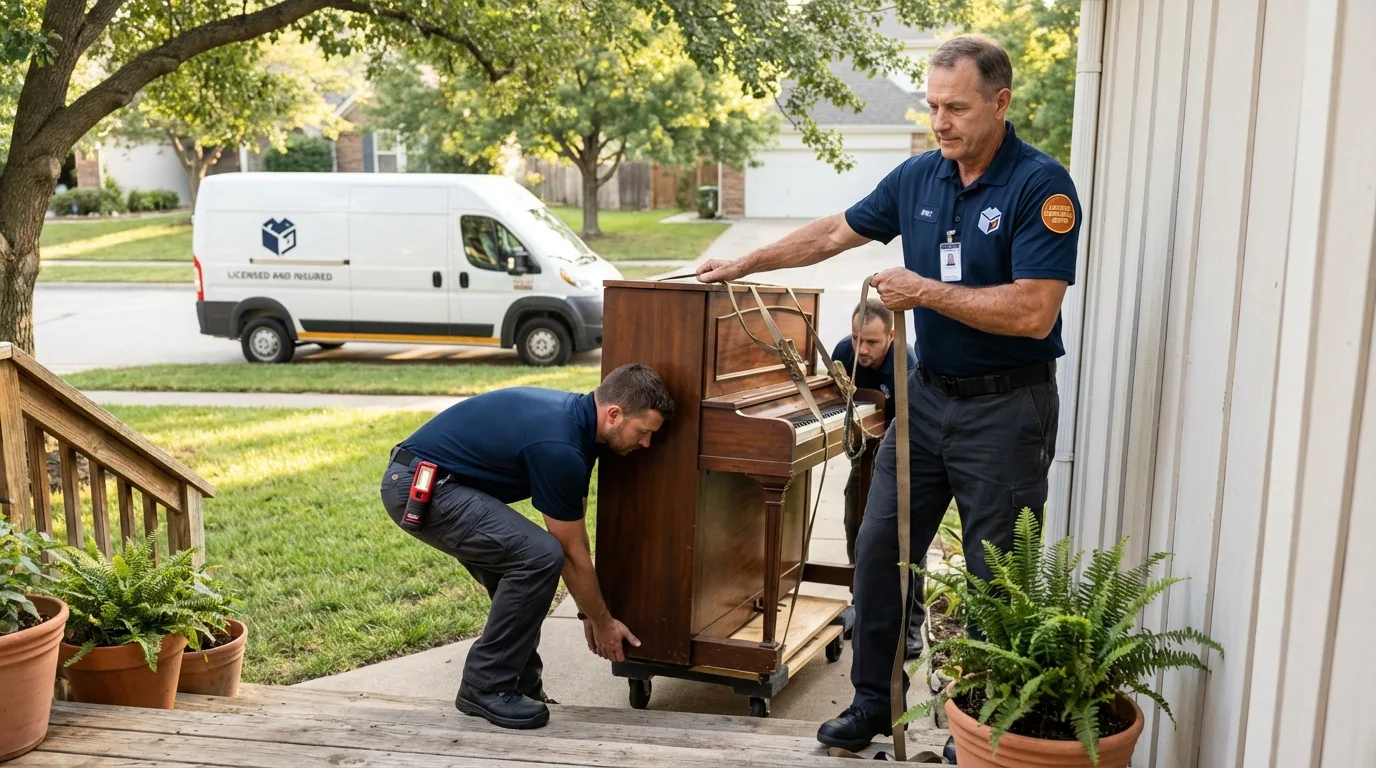 Licensed piano movers securing grand piano in Bay, AR