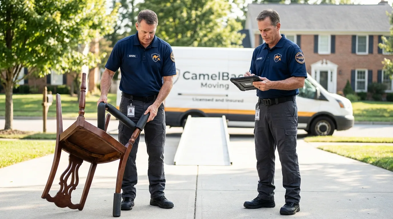 Movers inspecting furniture for damage prevention before loading in Bay, AR